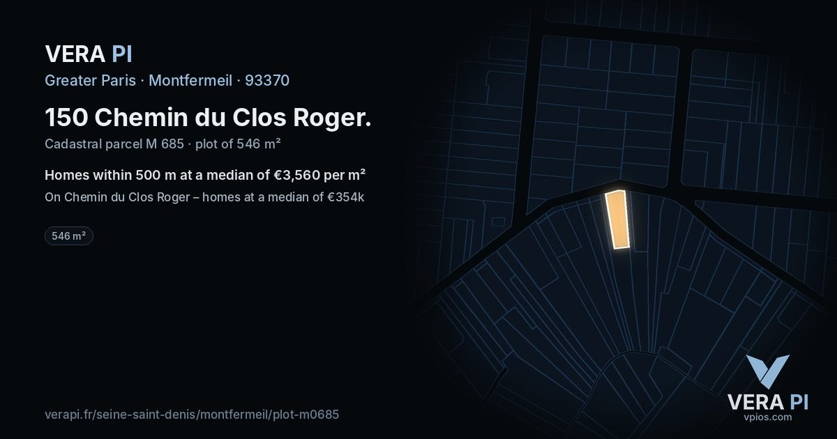 150 Chemin du Clos Roger, Montfermeil at night – the plot lit, the parcels around coloured by the prices near them