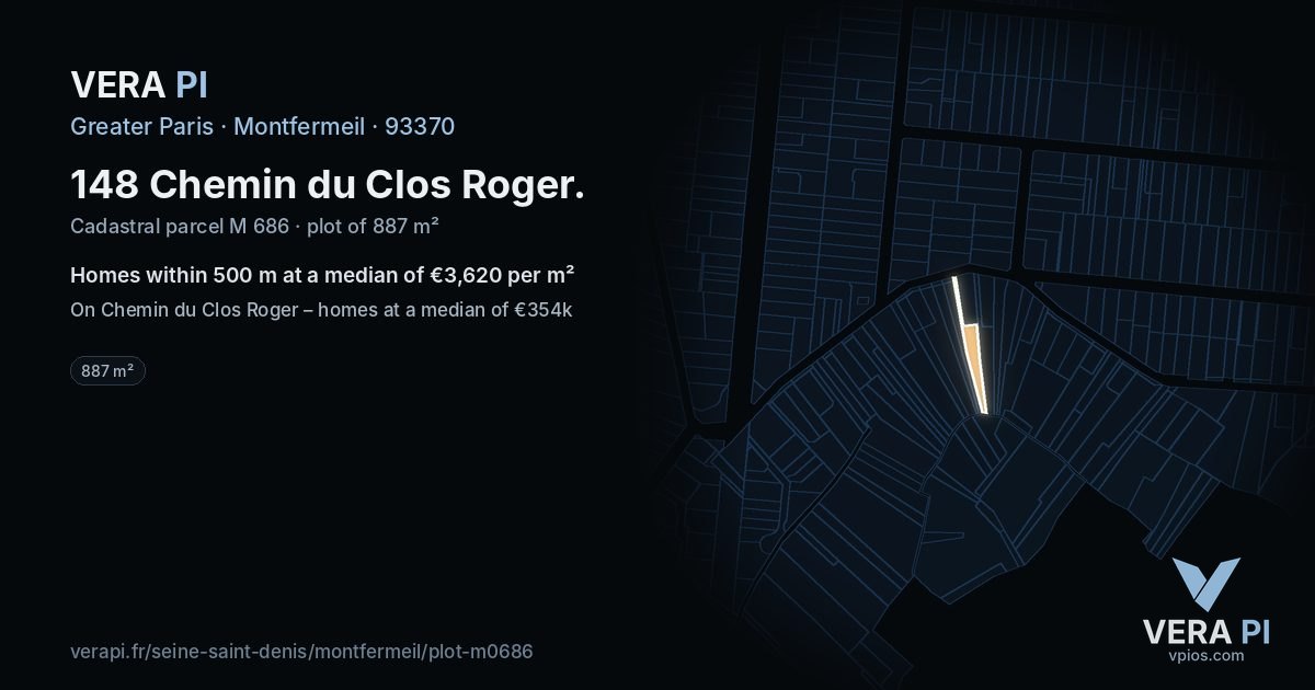148 Chemin du Clos Roger, Montfermeil at night – the plot lit, the parcels around coloured by the prices near them