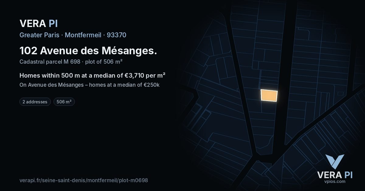 102 Avenue des Mésanges, Montfermeil at night – the plot lit, the parcels around coloured by the prices near them