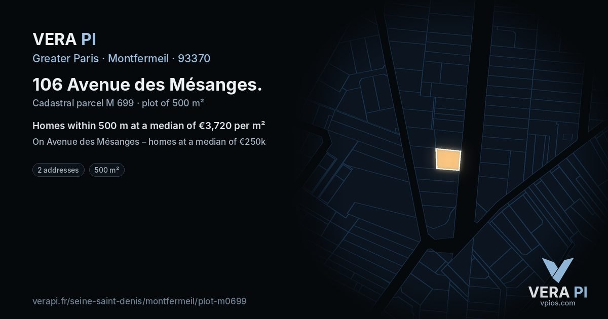 106 Avenue des Mésanges, Montfermeil at night – the plot lit, the parcels around coloured by the prices near them