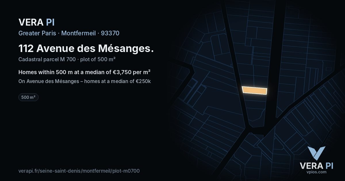 112 Avenue des Mésanges, Montfermeil at night – the plot lit, the parcels around coloured by the prices near them