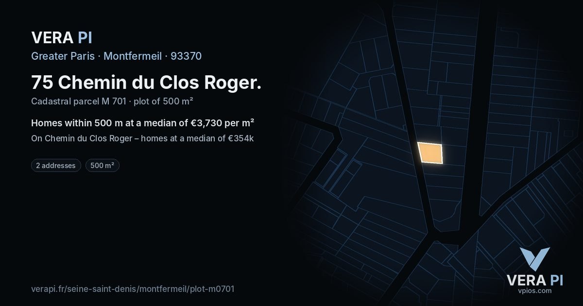 75 Chemin du Clos Roger, Montfermeil at night – the plot lit, the parcels around coloured by the prices near them