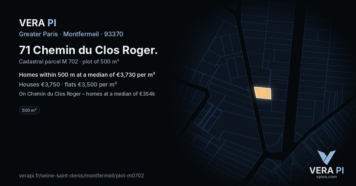 71 Chemin du Clos Roger, Montfermeil at night – the plot lit, the parcels around coloured by the prices near them