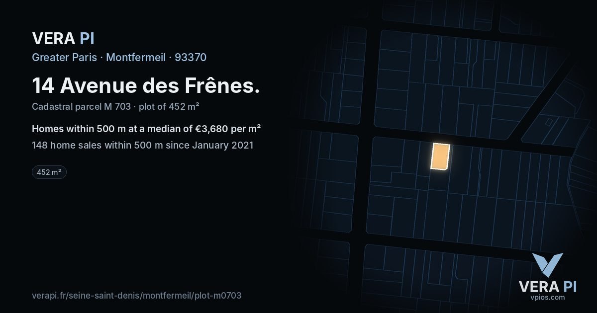 14 Avenue des Frênes, Montfermeil at night – the plot lit, the parcels around coloured by the prices near them