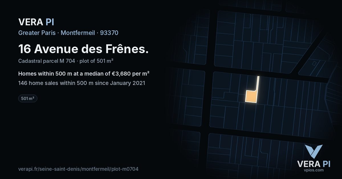16 Avenue des Frênes, Montfermeil at night – the plot lit, the parcels around coloured by the prices near them