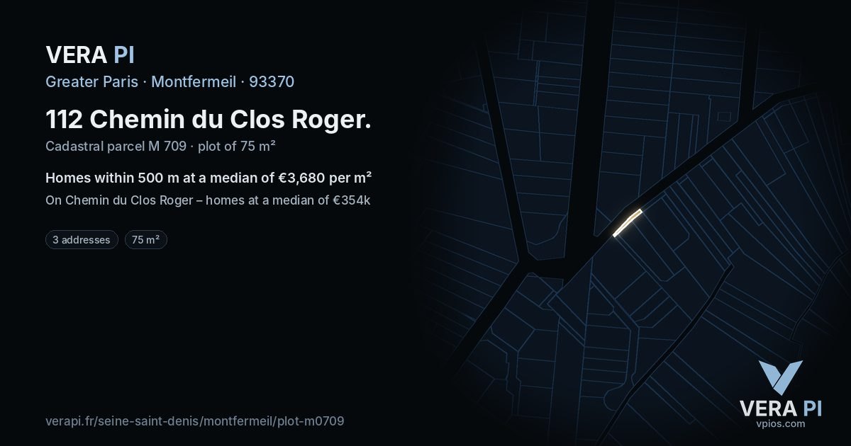 112 Chemin du Clos Roger, Montfermeil at night – the plot lit, the parcels around coloured by the prices near them