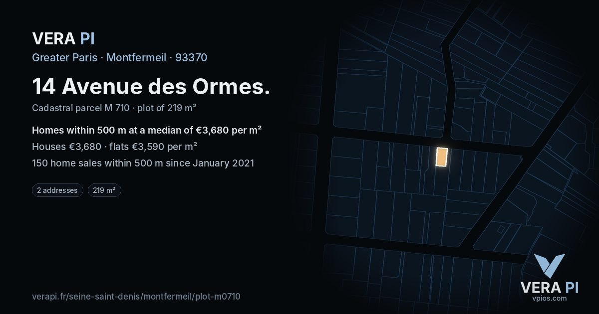 14 Avenue des Ormes, Montfermeil at night – the plot lit, the parcels around coloured by the prices near them