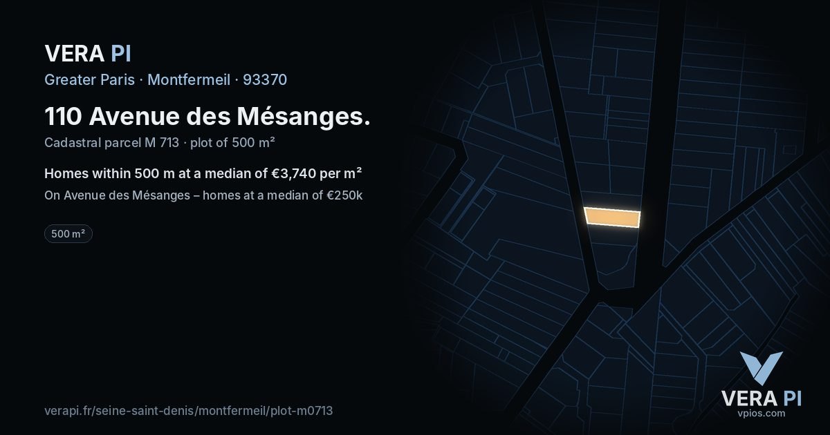 110 Avenue des Mésanges, Montfermeil at night – the plot lit, the parcels around coloured by the prices near them