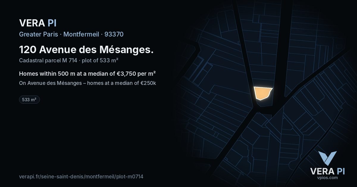 120 Avenue des Mésanges, Montfermeil at night – the plot lit, the parcels around coloured by the prices near them