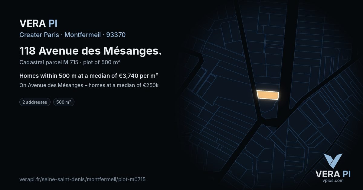 118 Avenue des Mésanges, Montfermeil at night – the plot lit, the parcels around coloured by the prices near them