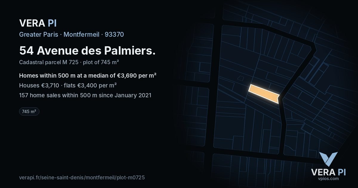 54 Avenue des Palmiers, Montfermeil at night – the plot lit, the parcels around coloured by the prices near them