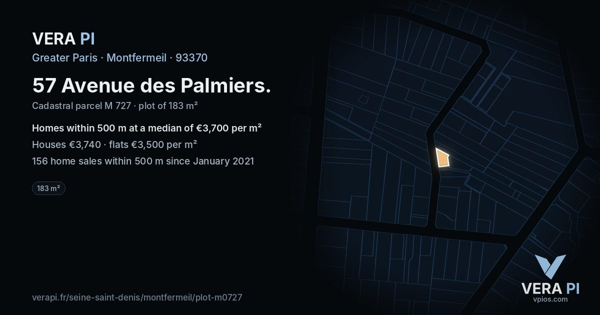 57 Avenue des Palmiers, Montfermeil at night – the plot lit, the parcels around coloured by the prices near them