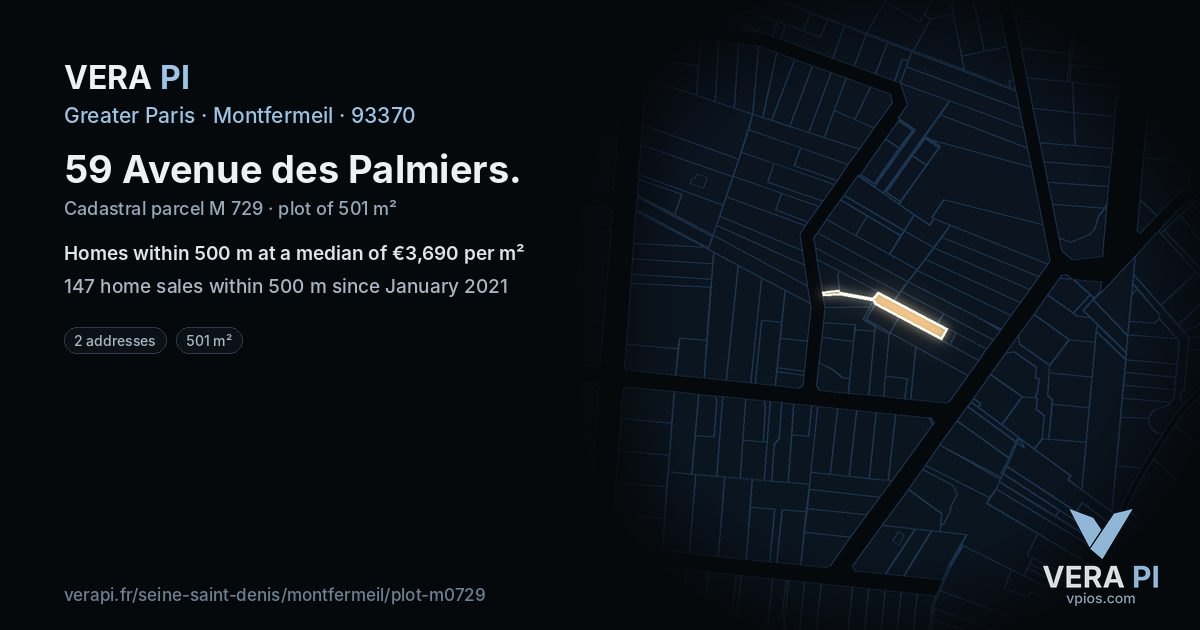 59 Avenue des Palmiers, Montfermeil at night – the plot lit, the parcels around coloured by the prices near them