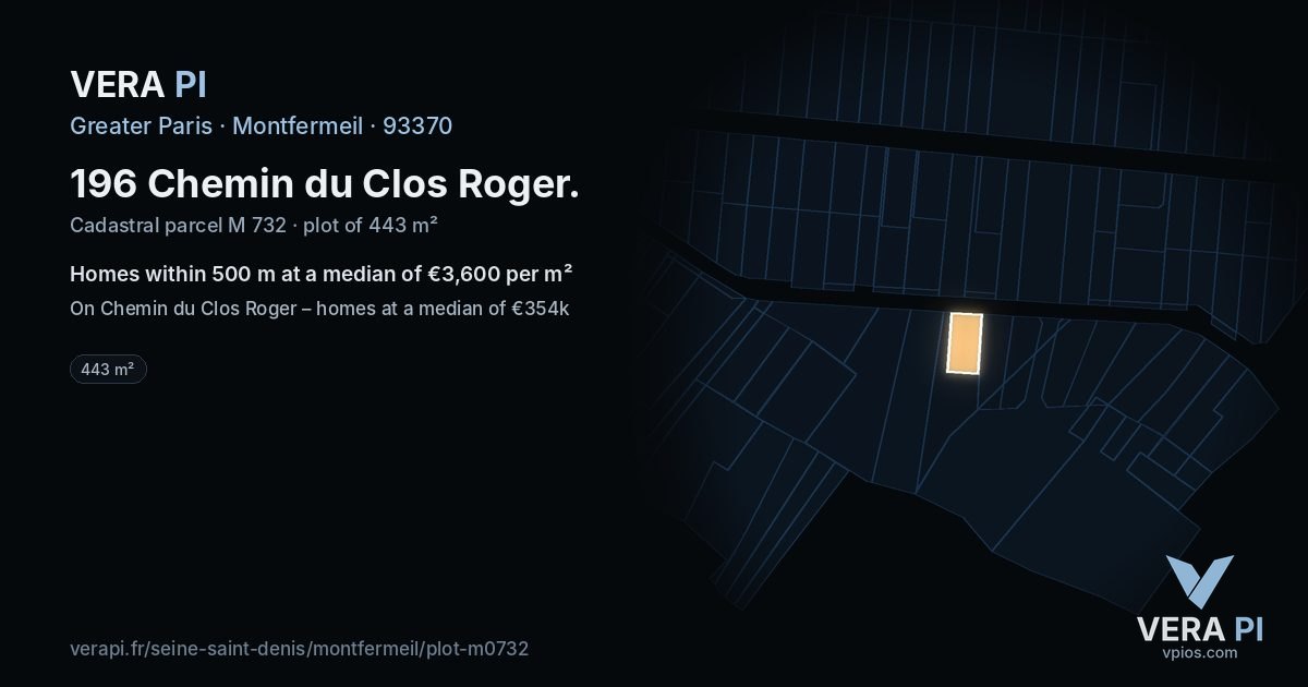 196 Chemin du Clos Roger, Montfermeil at night – the plot lit, the parcels around coloured by the prices near them