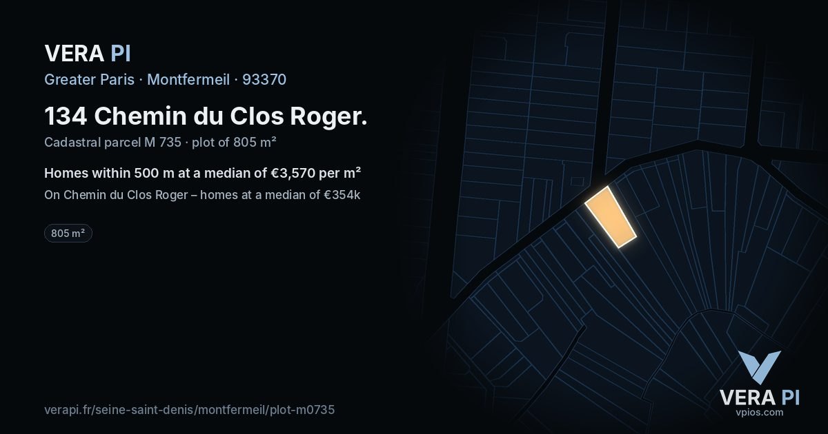134 Chemin du Clos Roger, Montfermeil at night – the plot lit, the parcels around coloured by the prices near them