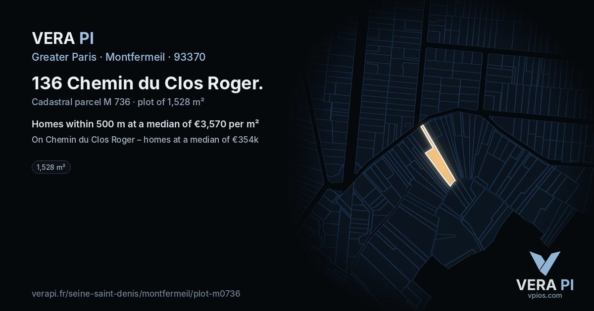 136 Chemin du Clos Roger, Montfermeil at night – the plot lit, the parcels around coloured by the prices near them