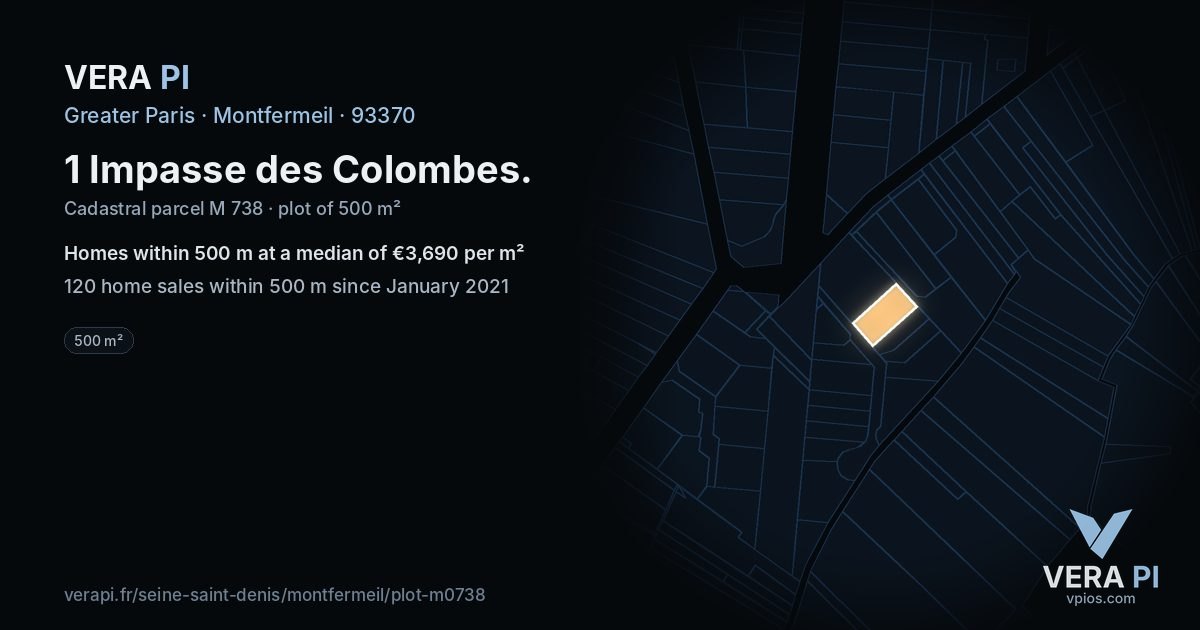 1 Impasse des Colombes, Montfermeil at night – the plot lit, the parcels around coloured by the prices near them
