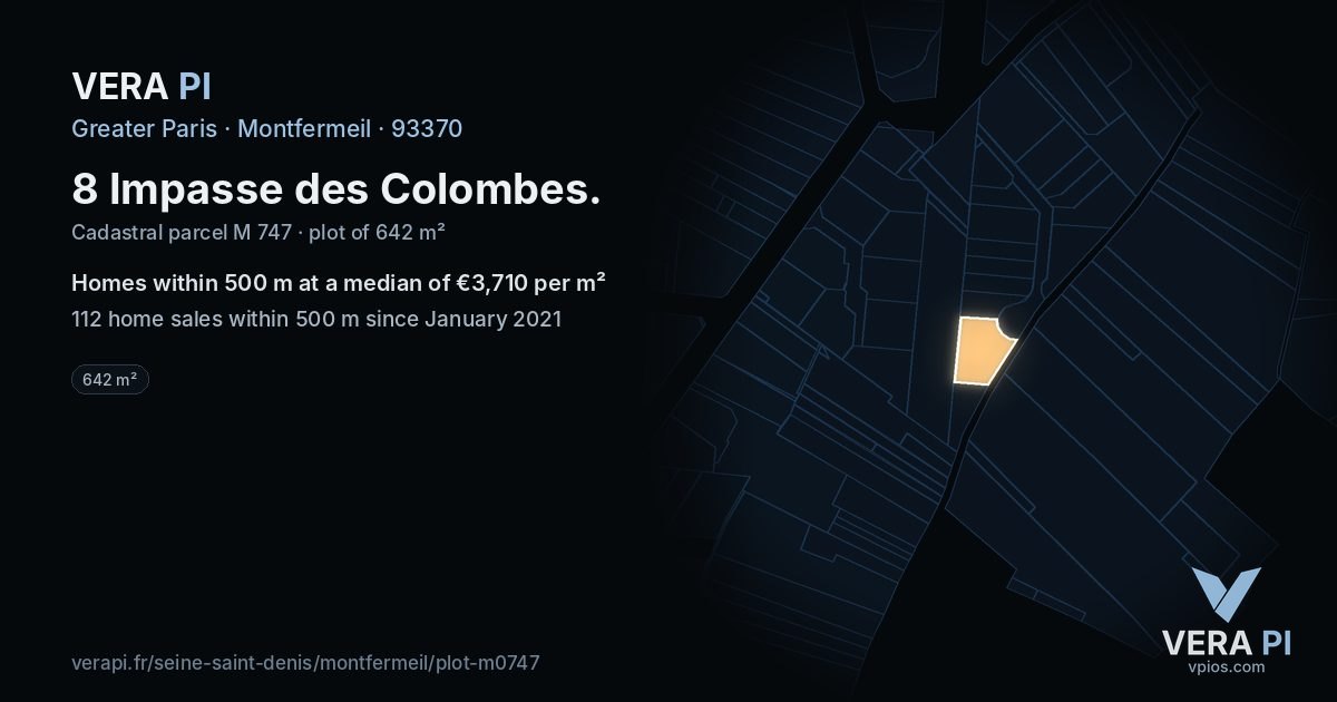 8 Impasse des Colombes, Montfermeil at night – the plot lit, the parcels around coloured by the prices near them