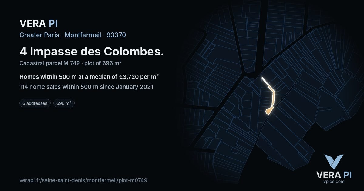 4 Impasse des Colombes, Montfermeil at night – the plot lit, the parcels around coloured by the prices near them