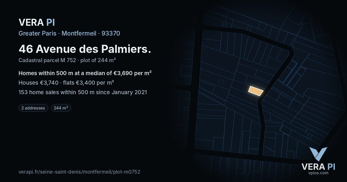 46 Avenue des Palmiers, Montfermeil at night – the plot lit, the parcels around coloured by the prices near them