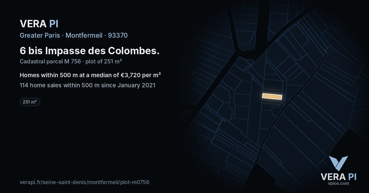 6 bis Impasse des Colombes, Montfermeil at night – the plot lit, the parcels around coloured by the prices near them