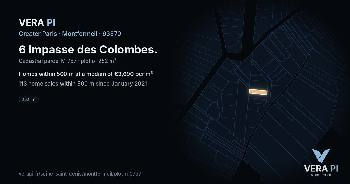 6 Impasse des Colombes, Montfermeil at night – the plot lit, the parcels around coloured by the prices near them