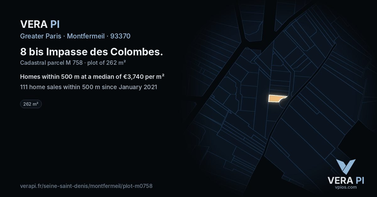 8 bis Impasse des Colombes, Montfermeil at night – the plot lit, the parcels around coloured by the prices near them