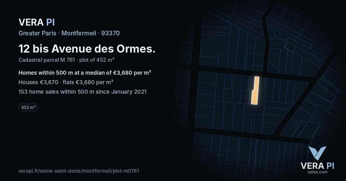 12 bis Avenue des Ormes, Montfermeil at night – the plot lit, the parcels around coloured by the prices near them