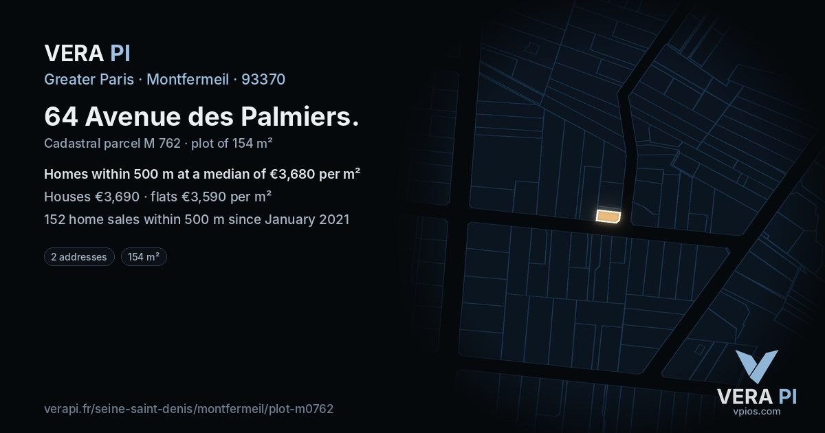 64 Avenue des Palmiers, Montfermeil at night – the plot lit, the parcels around coloured by the prices near them
