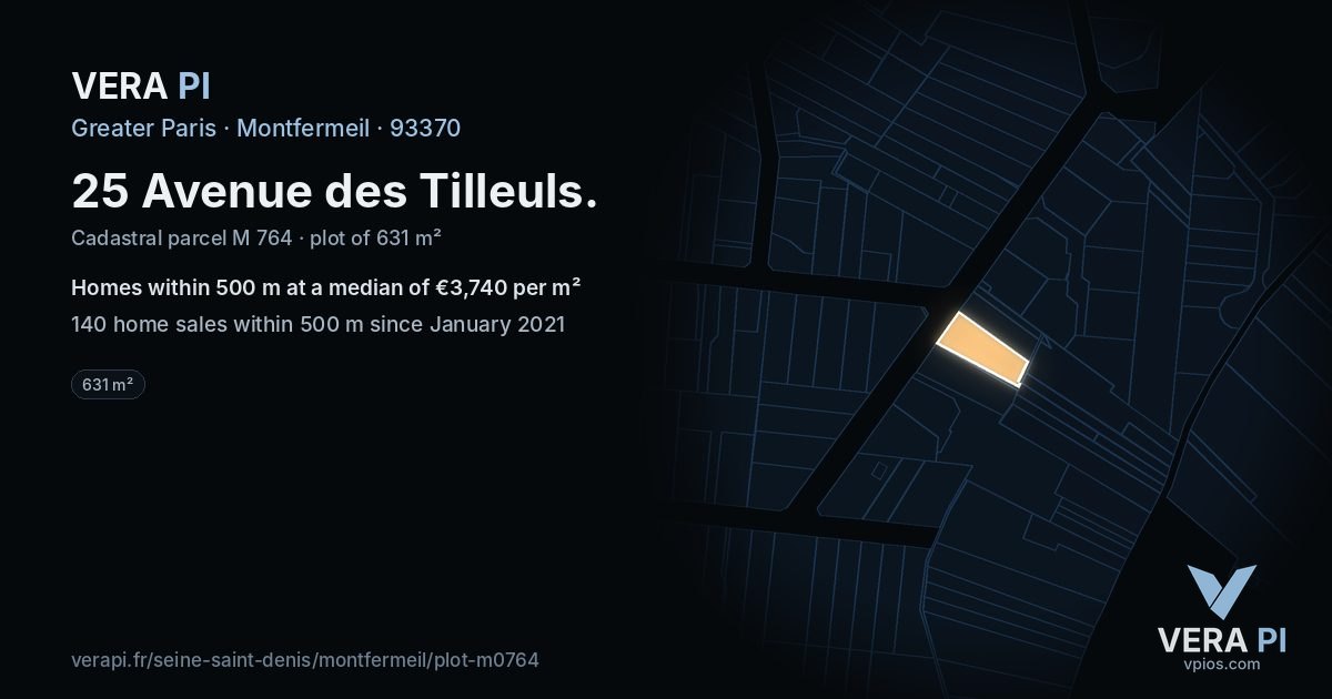 25 Avenue des Tilleuls, Montfermeil at night – the plot lit, the parcels around coloured by the prices near them