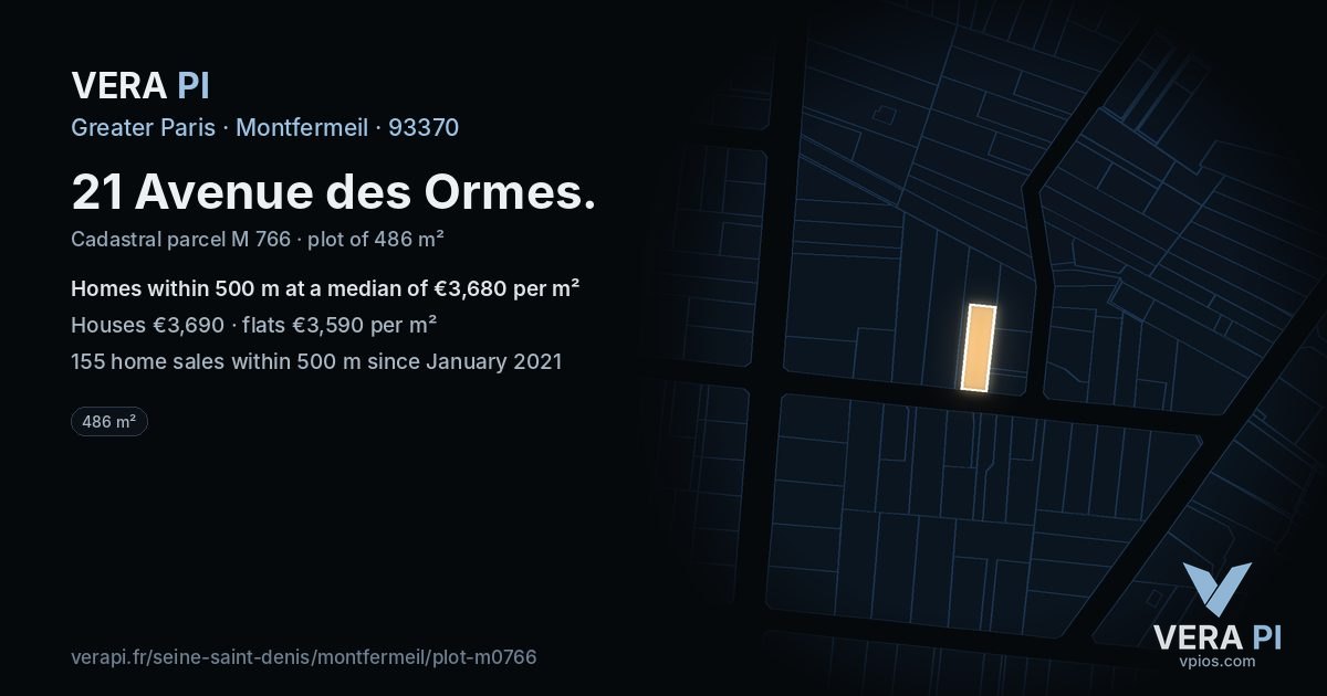 21 Avenue des Ormes, Montfermeil at night – the plot lit, the parcels around coloured by the prices near them