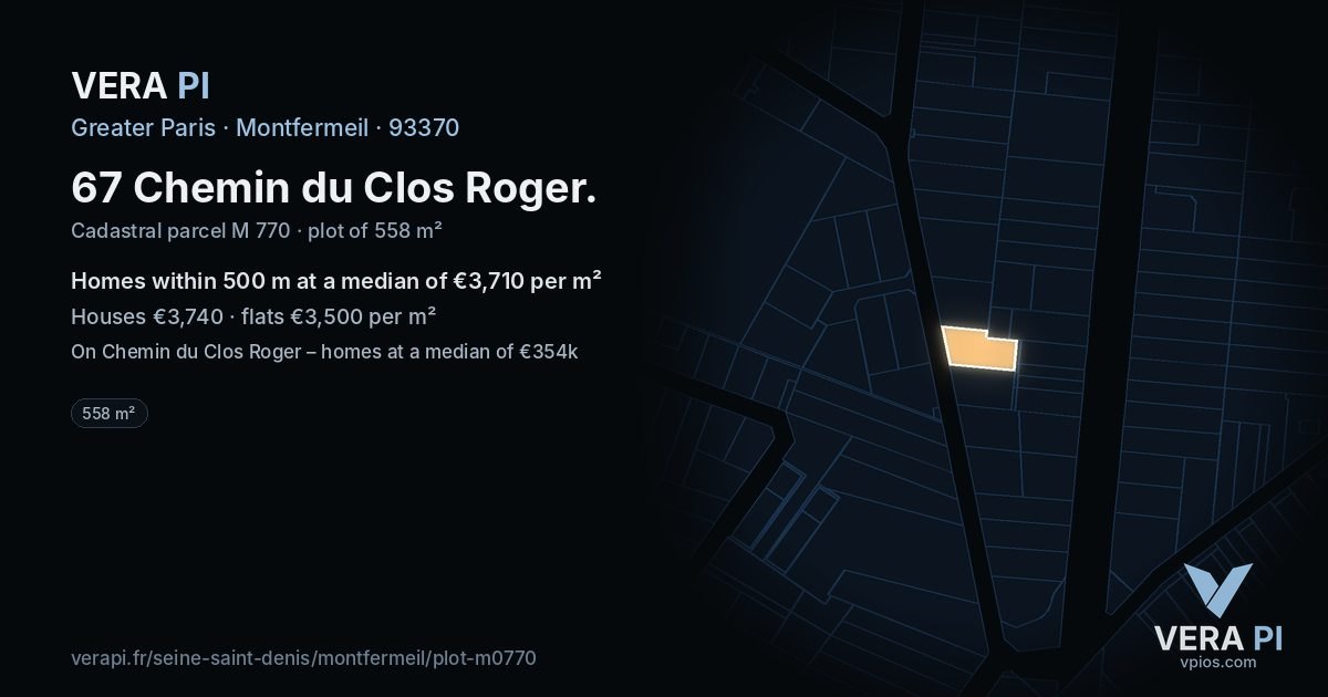 67 Chemin du Clos Roger, Montfermeil at night – the plot lit, the parcels around coloured by the prices near them