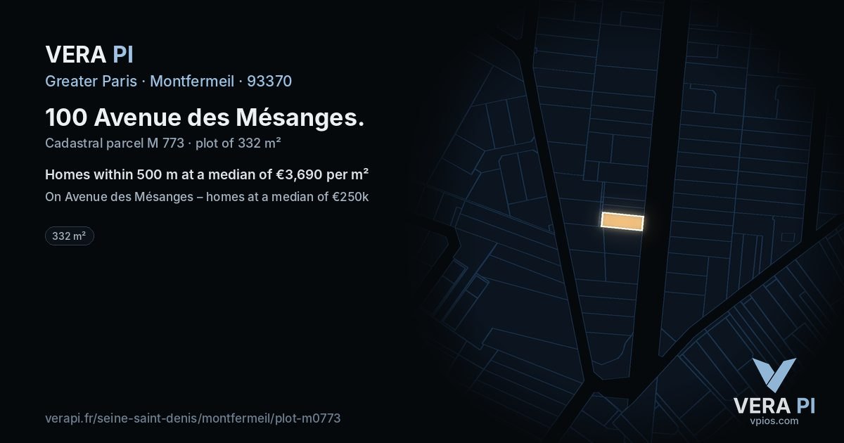 100 Avenue des Mésanges, Montfermeil at night – the plot lit, the parcels around coloured by the prices near them