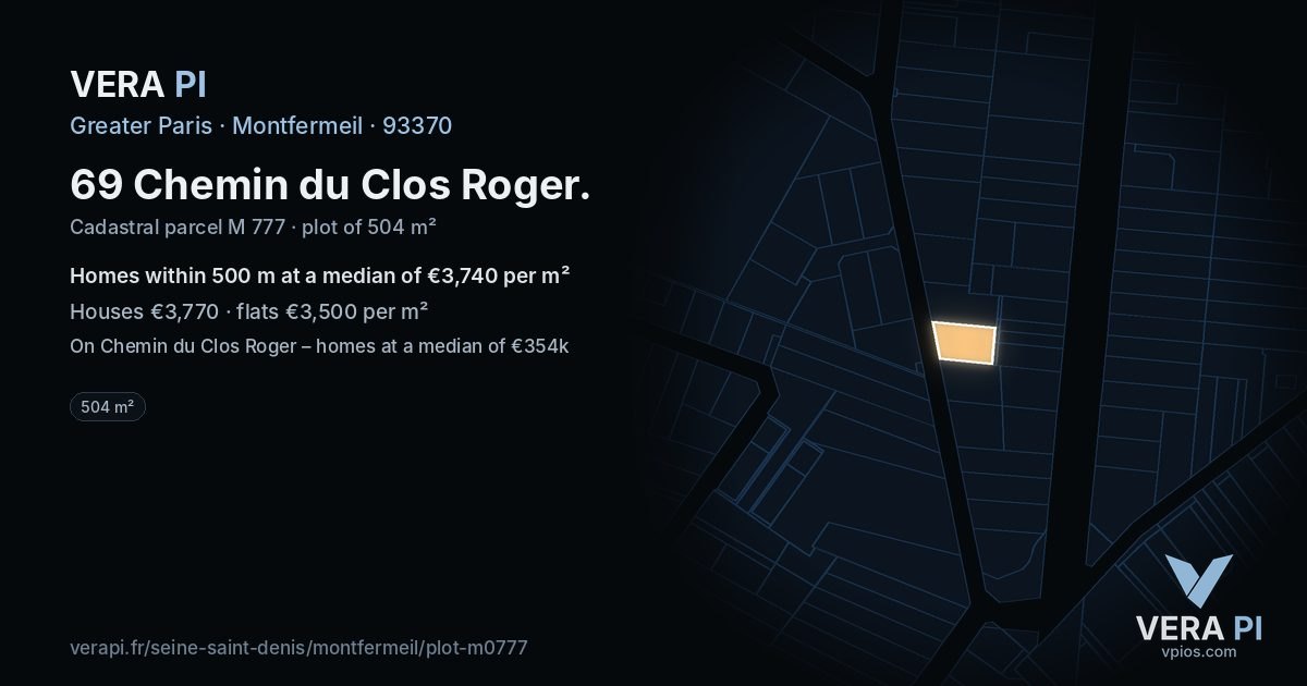 69 Chemin du Clos Roger, Montfermeil at night – the plot lit, the parcels around coloured by the prices near them