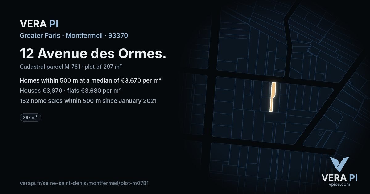 12 Avenue des Ormes, Montfermeil at night – the plot lit, the parcels around coloured by the prices near them