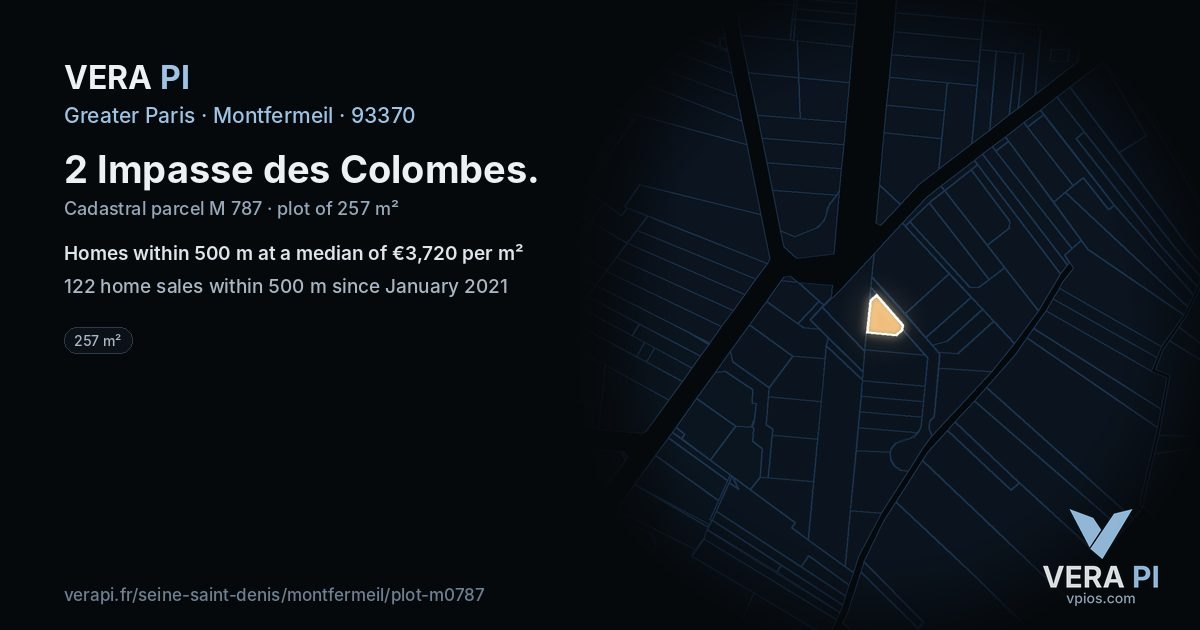 2 Impasse des Colombes, Montfermeil at night – the plot lit, the parcels around coloured by the prices near them