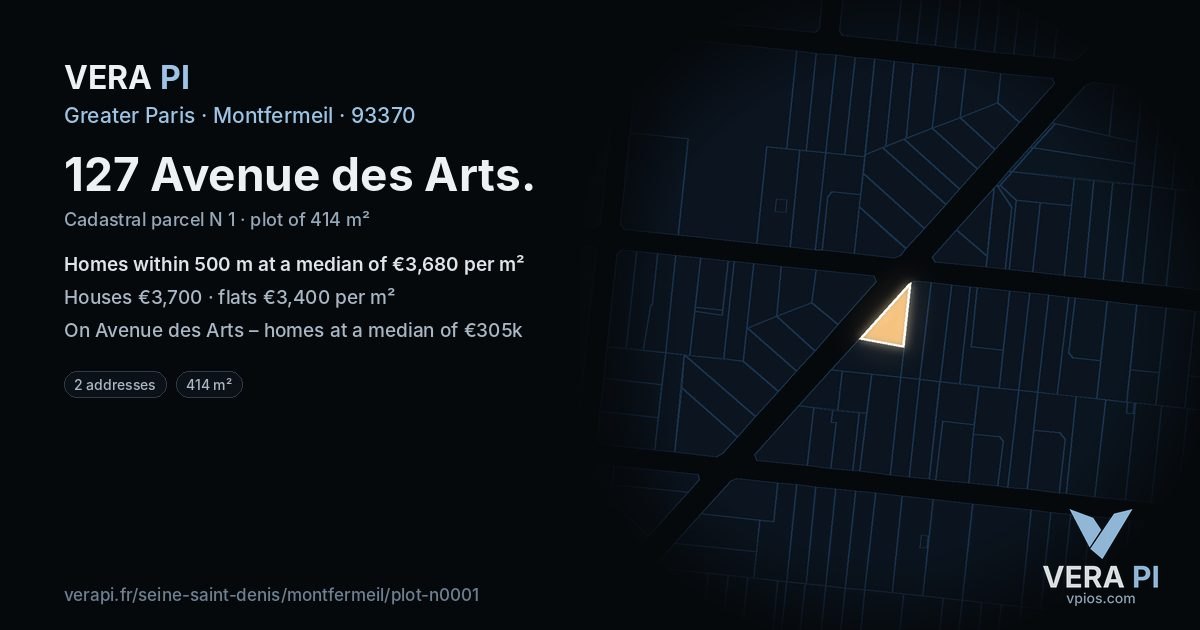 127 Avenue des Arts, Montfermeil at night – the plot lit, the parcels around coloured by the prices near them