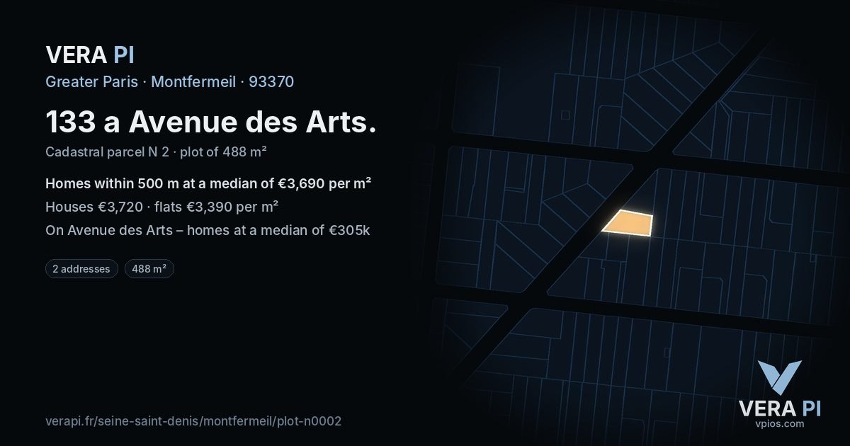 133 a Avenue des Arts, Montfermeil at night – the plot lit, the parcels around coloured by the prices near them