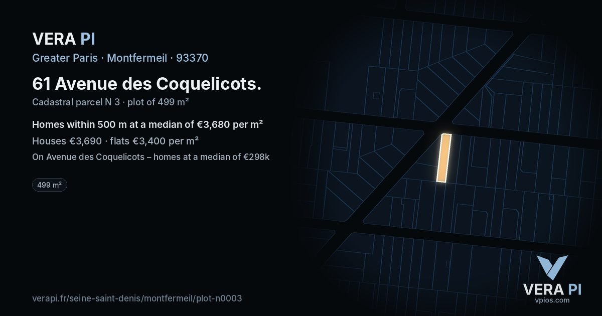 61 Avenue des Coquelicots, Montfermeil at night – the plot lit, the parcels around coloured by the prices near them