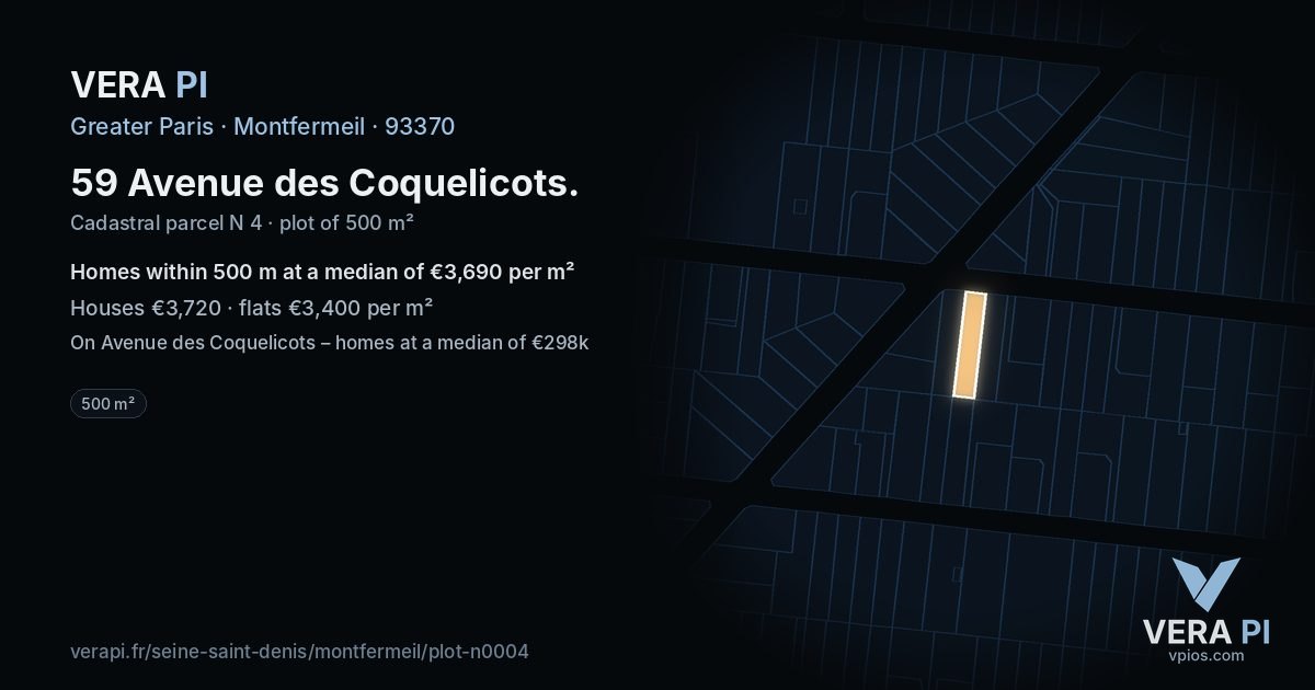 59 Avenue des Coquelicots, Montfermeil at night – the plot lit, the parcels around coloured by the prices near them