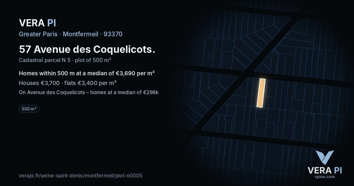 57 Avenue des Coquelicots, Montfermeil at night – the plot lit, the parcels around coloured by the prices near them
