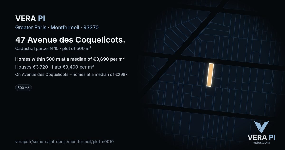 47 Avenue des Coquelicots, Montfermeil at night – the plot lit, the parcels around coloured by the prices near them