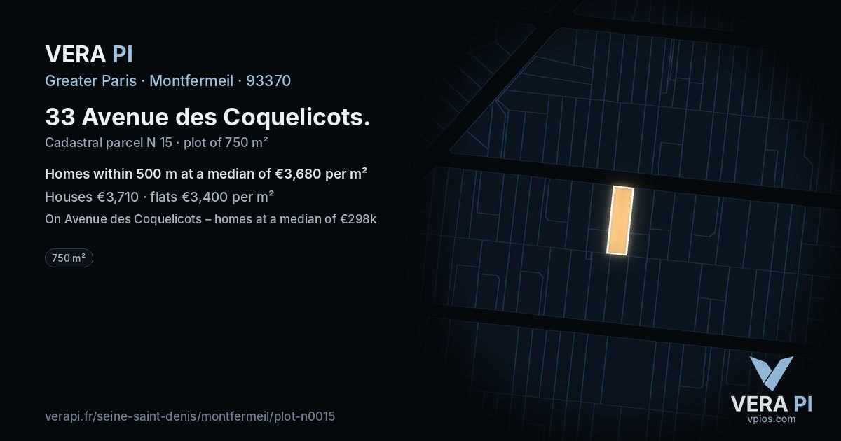 33 Avenue des Coquelicots, Montfermeil at night – the plot lit, the parcels around coloured by the prices near them