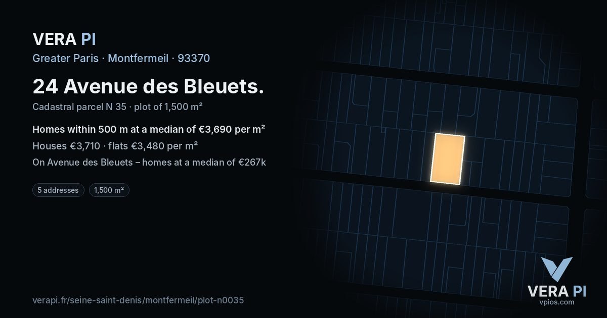 24 Avenue des Bleuets, Montfermeil at night – the plot lit, the parcels around coloured by the prices near them