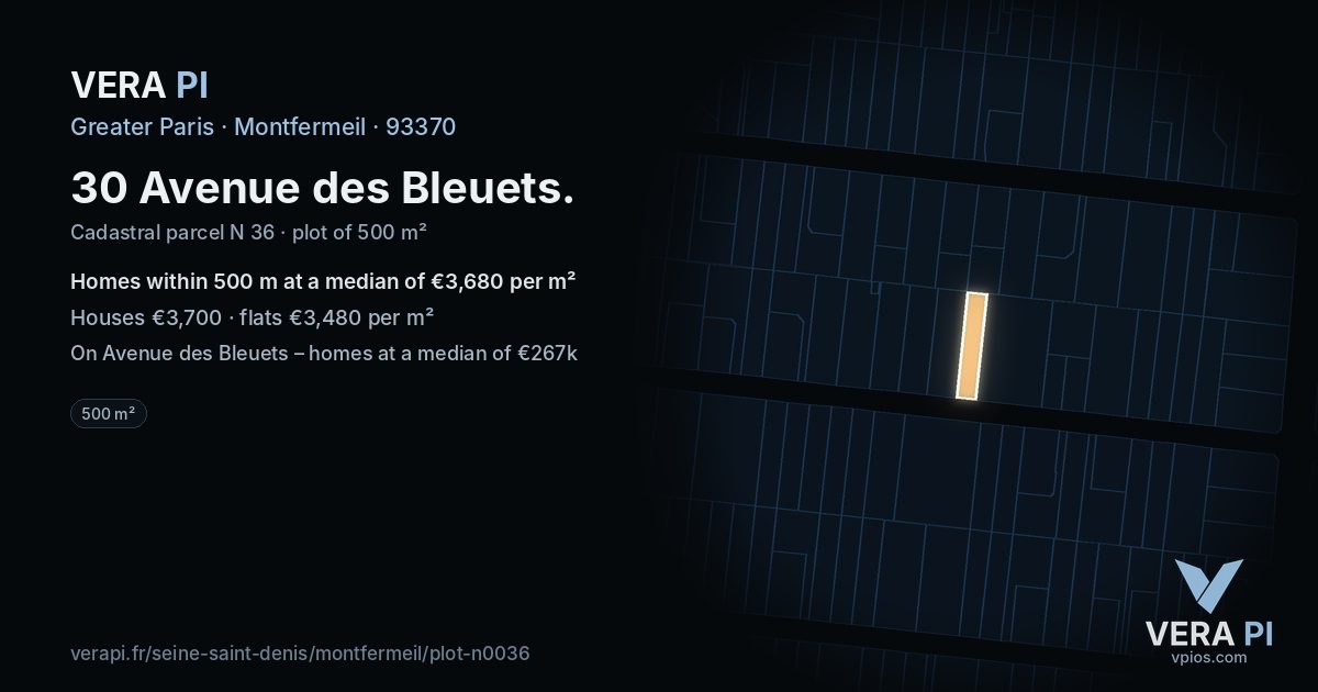 30 Avenue des Bleuets, Montfermeil at night – the plot lit, the parcels around coloured by the prices near them