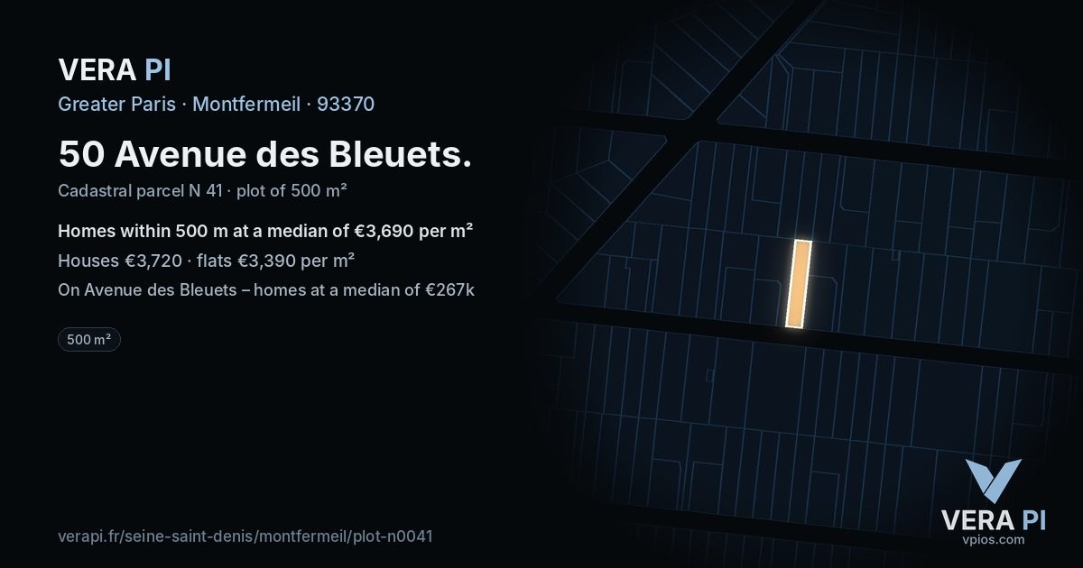 50 Avenue des Bleuets, Montfermeil at night – the plot lit, the parcels around coloured by the prices near them