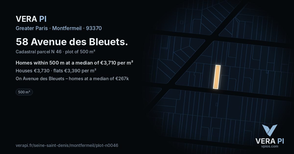 58 Avenue des Bleuets, Montfermeil at night – the plot lit, the parcels around coloured by the prices near them