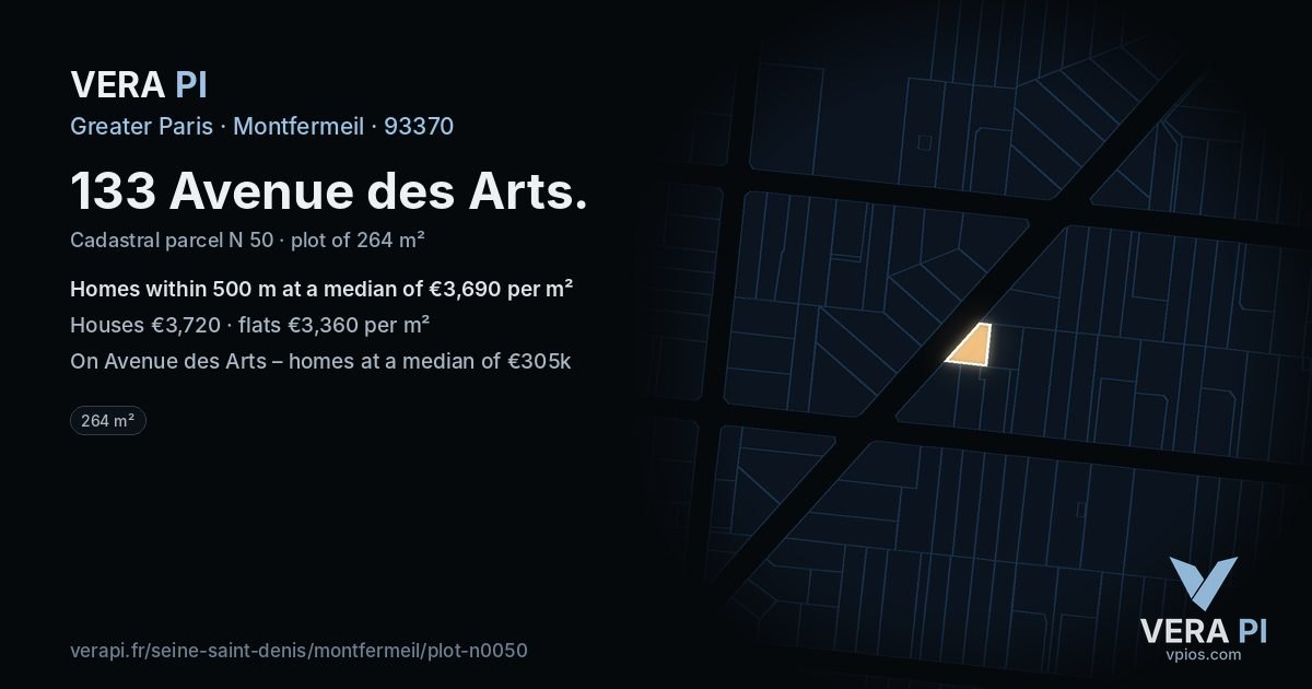 133 Avenue des Arts, Montfermeil at night – the plot lit, the parcels around coloured by the prices near them