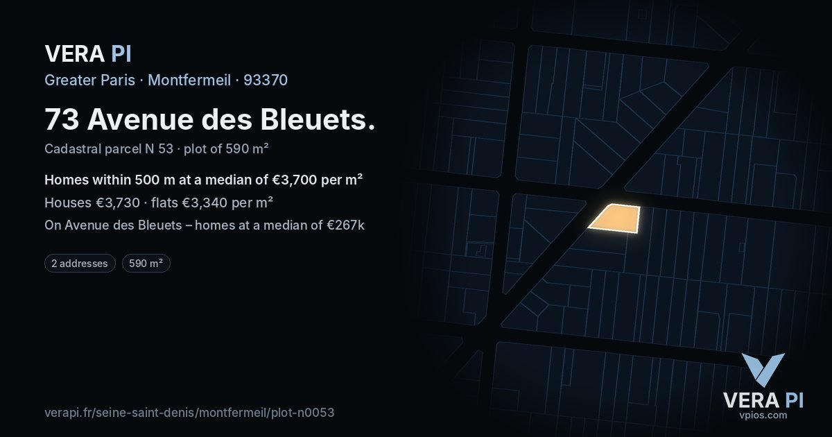 73 Avenue des Bleuets, Montfermeil at night – the plot lit, the parcels around coloured by the prices near them