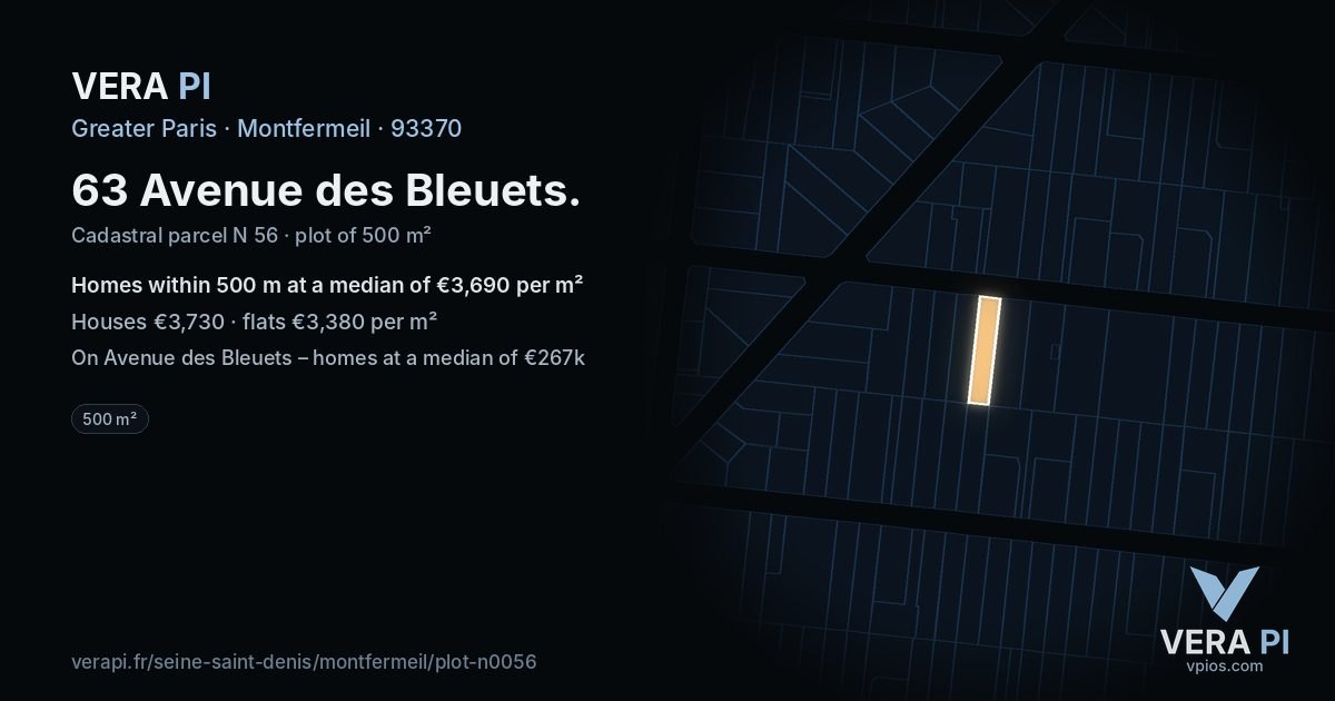 63 Avenue des Bleuets, Montfermeil at night – the plot lit, the parcels around coloured by the prices near them
